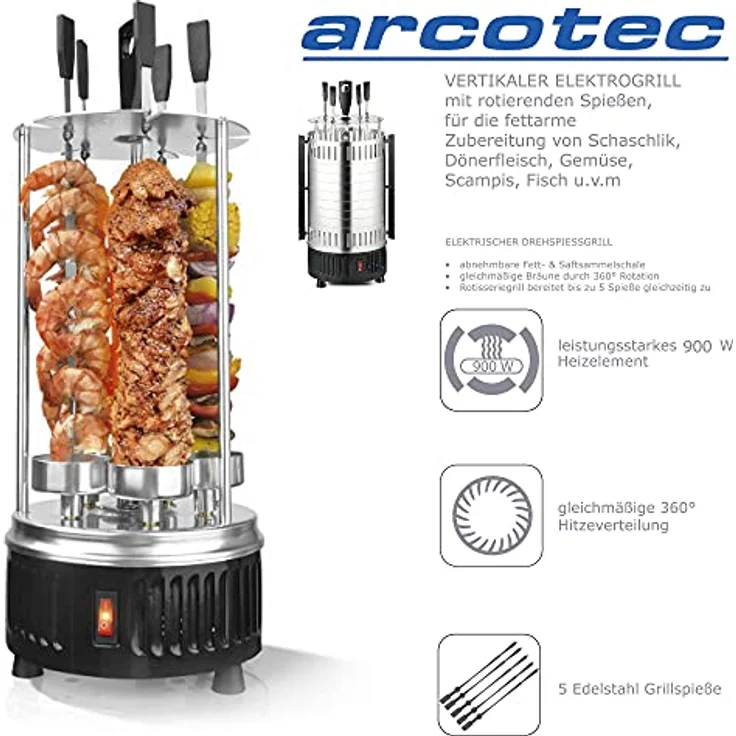 @tec Vertikaler Edelstahl Elektro-Tischgrill inkl. 5 Spieße, BBQ Vertikalgrill Rundgrill für Schaschlik-, Fleisch-, Garnelen-, Gyrosspieße Dreh-Grill Heizmodul mit Schutzgitter, 900W – Bild 4