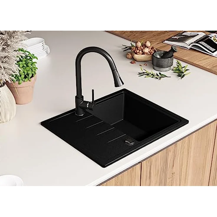 Primagran Spülbecken Schwarz 62x50cm, Granitspüle 1 Becken + Ablauf-Set, 35 Jahre Herstellergarantie - Mailand, hochqualitativ und schmutzabweisend – Bild 2