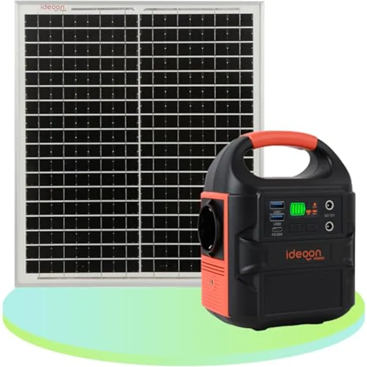 ideoon Mobiles Powerstation Set 88,8Wh mit 20W Solarmodul, 230V Steckdose, USB-C PD 65W, LED-Leuchte für Camping & Outdoor, schwarz-orange