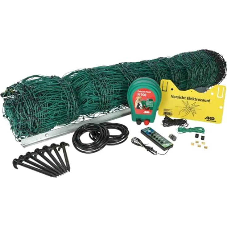 AKO Fencing Geflügelnetz-Set 50 m, grün, inkl. 230V Gerät mit 1,0 Joule, Zubehör und Elektrozaun-Warnschild