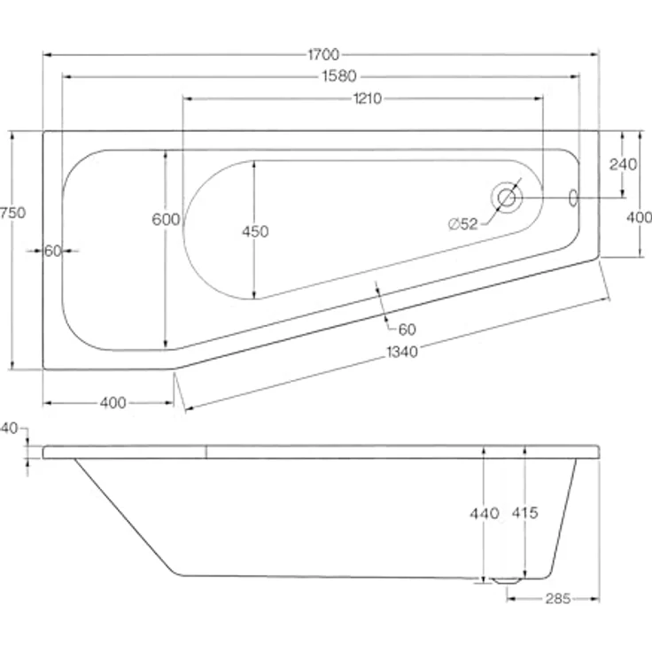 Schulte Raumsparbadewanne Riva, links, Weiß Sanitäracryl, 170x75 cm, inkl. Hartschaum-Wannenträger + Ab- und Überlauf – Bild 2