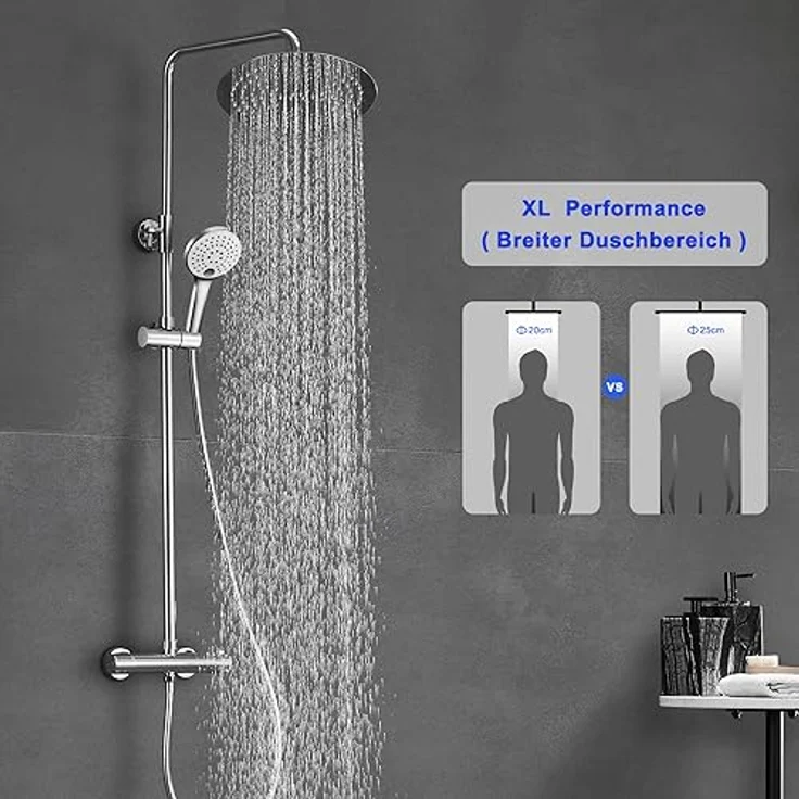 JOHO Duschset Edelstahl mit Thermostat Duscharmatur, Regendusche D25cm, 3 Strahlarten Handbrause, chrom – Bild 2