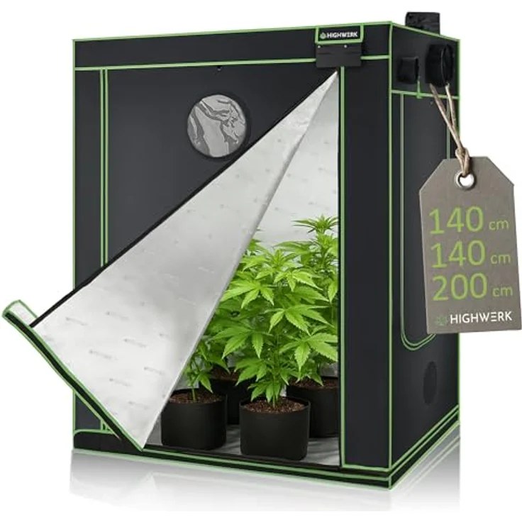 HIGHWERK Growzelt 140 x 140 x 200 cm, Indoor Grow Tent, lichtdicht schwarz-grün, mit hoher Lichtreflexion, für Pflanzen und Kräuter – Bild 1