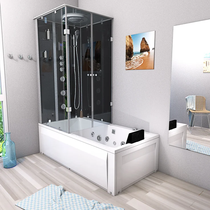 SeniorBad GmbH Whirlpool Dusche Kombination K05-R33-WP-EC Duschtempel 90x180 cm, Schwarz, Thermostat-Mischarmatur, Regendusche, Handbrause mit drei Strahlarten