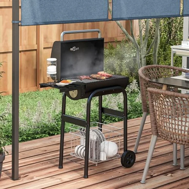 Outsunny Holzkohlegrill Grillwagen mit Deckel, Ablagen Campinggrill mit Rädern, Deckel, Thermometer, Schornstein für Camping Garten Edelstahl Schwarz – Bild 2