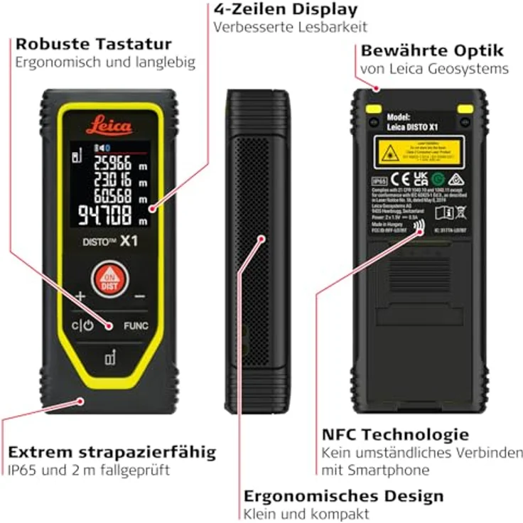 LEICA DISTO X1, Laser-Entfernungsmessgerät mit 100 m Reichweite und Genauigkeit ±1,5 mm, IP65 staub- und spritzwassergeschützt – Bild 3