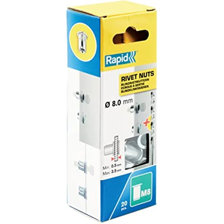 Rapid Nietmuttern M8, 0,5-3,5mm Klemmbereich, 20 Stk. Gewindenieten Stahl, Set Inkl Bohrer, für nietmutternzange – Bild 2