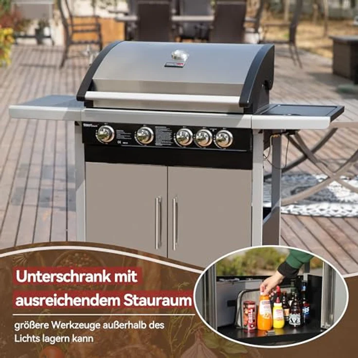 Royal Gourmet 4+1 Brenner Gasgrill Grillwagen mit Unterschrank, Edelstahlbrenner mit 14,5 kW und automatischer Zündung Campinggrill mit Seitenbrenner Silber - Vielseitiger Grill mit großem Kochraum und effizienter Wärmeübertragung – Bild 5