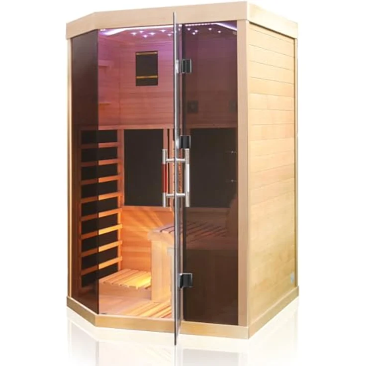 Dewello Infrarotkabine OTTAWA 140x120 Wärmekabine, bis zu 2 Personen, 6 Vollspektrumstrahler, mit Farblichttherapie, Ionisator mit Ozondesinfektion und Aromatherapie, USB-Anschluss & Bluetooth, Hemlockholz, BxTxH: 140 x 120 x 190 cm – Bild 4