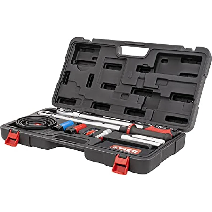 STIER Rad-Montage-Set 1/2'' Drehmomentschlüssel, 40-200 Nm, im stabilen Koffer, extra hohe Auslösegenauigkeit, Verlängerungen für Tiefbettfelgen – Bild 2