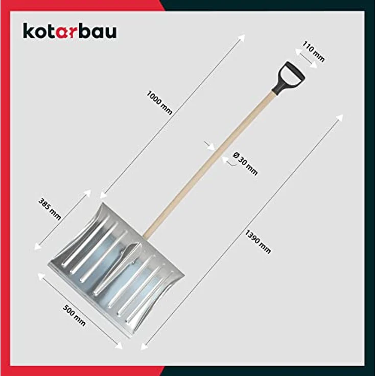 KOTARBAU® Schneeschaufel Schneeschieber 50cm mit Holzstiel Verstärkt Aluminium Schild mit Ergonomischem Griff 139 cm – Bild 4