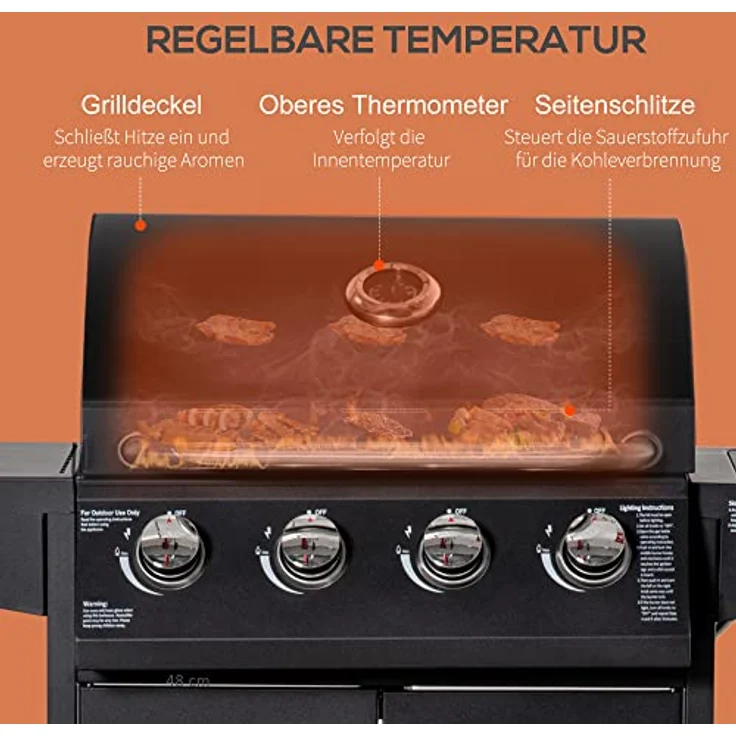 Outsunny Gasgrill BBQ mit 4 Brennern je 3 kw mobiler Grillwagen mit 4 Rädern Grillnetz Seitentischen Druckminderer Schläuche Schrank Multifunktion Stahl Schwarz 132,4 x 55 x 109 cm - Preisvergleich – Bild 5