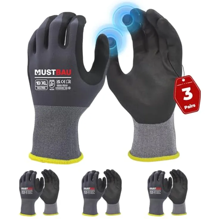 Mustbau Arbeitshandschuhe Schwarz, Nitril Beschichtet mit Touchscreen-Funktion, XL, 3 Paare für Mechaniker, Gartenarbeit und Bauarbeiten