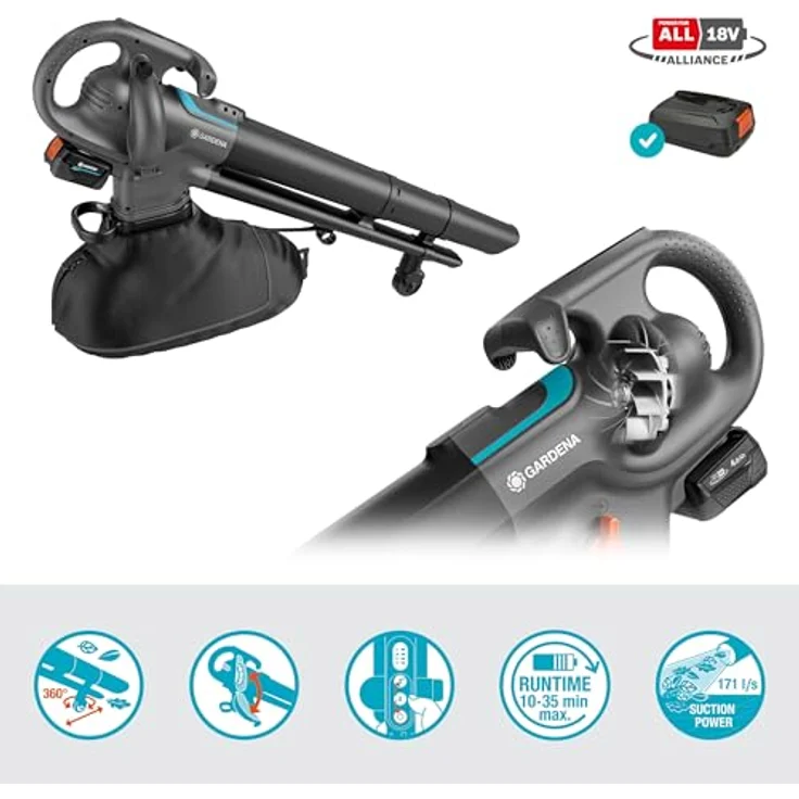 Gardena Akku-Laubsauger/-Bläser PowerJetCollect 18V P4A, kabelloses Multifunktionswerkzeug mit Saug- und Blasfunktion, inkl. Schultergurt und PowerBoost-Modus, Metall-Laufrad, 360-Grad-Rad, P4A Ready-To-Use Set – Bild 10