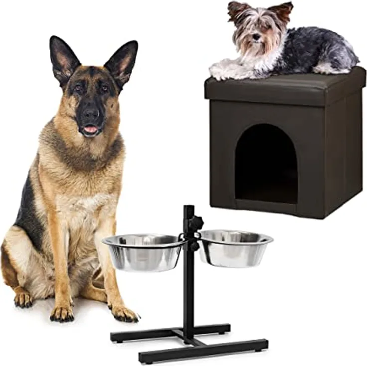 2 TLG Set Home Sweet Hund Deluxe XL, Hundebox braun, Sitzhocker mit Tierhöhle, Doppelnapf höhenverstellbar Futterstation