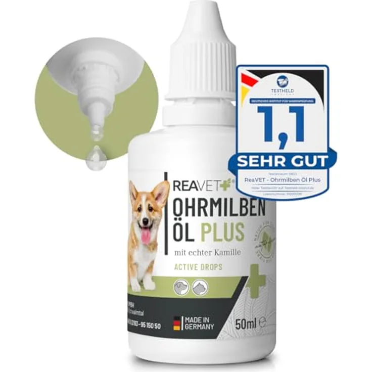 ReaVET TESTURTEIL SEHR GUT 09/23 Ohrmilbenöl Plus 50ml sofort wirksames Mittel für Hunde – gegen Ohrmilben mit Kamille für Hund, Sanfte Pflege bei Juckreiz im Ohr, Ohrentropfen Milben, Ohrenreiniger