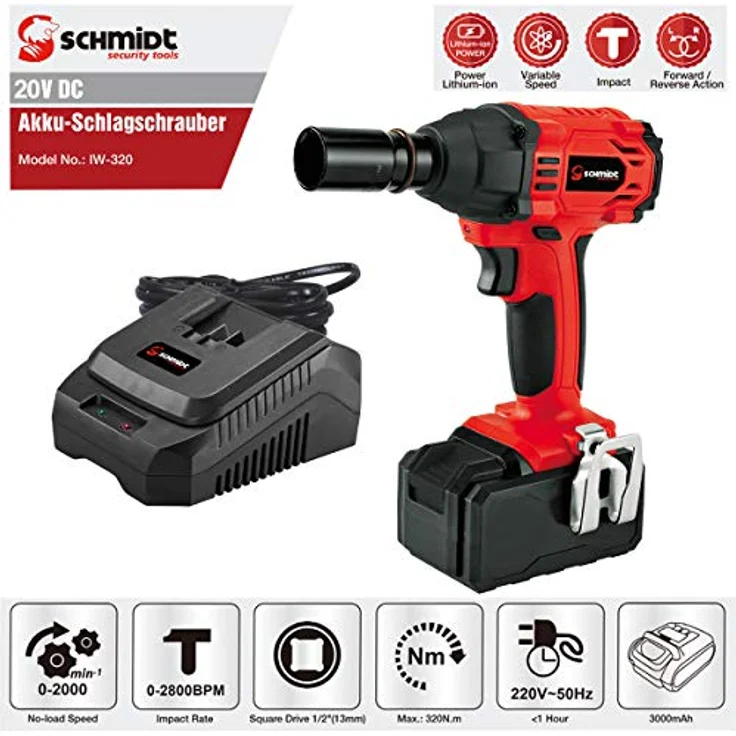 SCHMIDT security tools Akku-Schlagschrauber IW-320 - Kabellos, 320Nm, Li-Ion 20V, LED-Licht, Vierkantaufnahme in robustem Transportkoffer – Bild 3