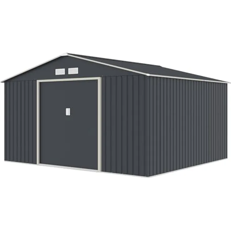 HATTORO S350 Metall Gerätehaus, 341x322x201 cm, Geräteschuppen mit Satteldach, Grau Anthrazit, inkl. Fundamentrahmen und Ventilation