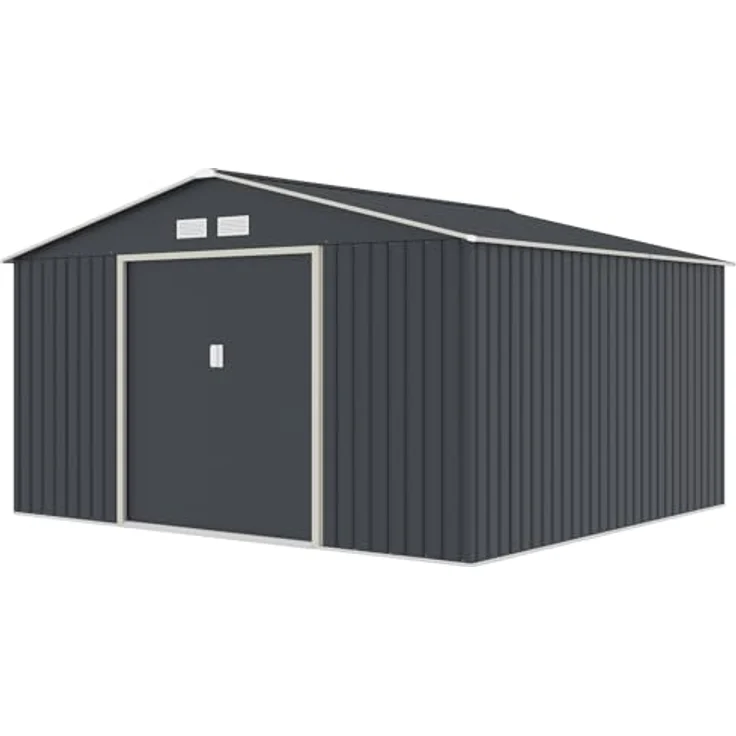 HATTORO S350 Metall Gerätehaus, 341x322x201 cm, Geräteschuppen mit Satteldach, Grau Anthrazit, inkl. Fundamentrahmen und Ventilation – Bild 1