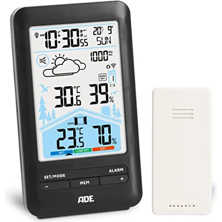 ADE Wetterstation Funk mit Außensensor und Funkwecker | mit Lüftungsempfehlung | Hygrometer, Thermometer | 2 Weckzeiten | animierte Wettervorhersage | Schlummerfunktion | LCD-Farbdisplay - Preisvergleich – Bild 1