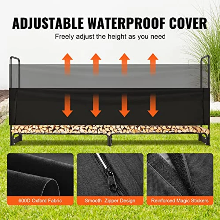 VEVOR Kaminholzregal Metall 259x36x117cm, Brennholzregal mit 300kg Tragfähigkeit, pulverbeschichtet und wasserdichter Abdeckung für Garten und Terrasse – Bild 4