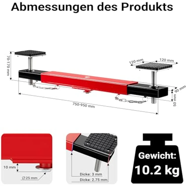 Wiltec Achstraverse Wagenheberbrücke 2000kg Querträger für Wagenheber mit Gummiauflagen, höhenverstellbar, schwarz – Bild 4