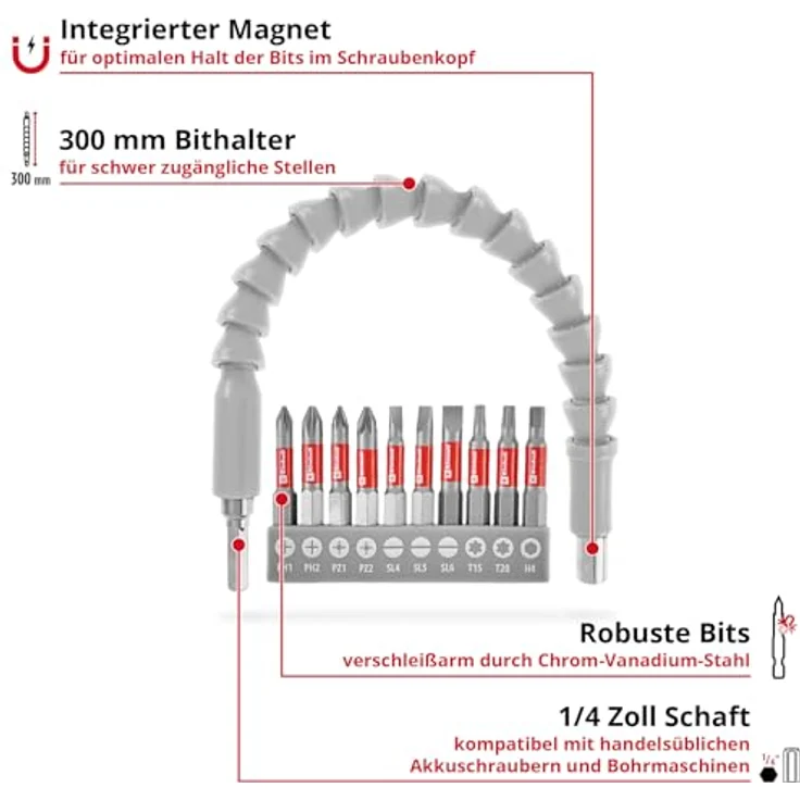 Einhell 133115 Bit-Set 11teilig, Schlitz, PH, PZ, T-Profil, Innen-Sechskant, Sechskant mit 300 mm Biegsamer Welle und Bithalter – Bild 2