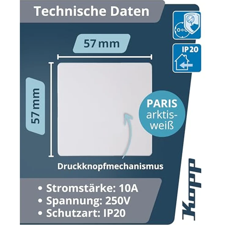 Kopp PARIS Taster Arktis-Weiß, IP20 Unterputz-Taster für Klingel & Türöffner, 10AX Schaltvermögen, Lichtschalter 250V~ – Bild 2