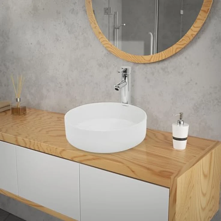 LuxeBath Waschbecken Aufsatzwaschbecken aus Keramik Einbaubecken Wasserfall, Aufsatzwaschtisch Weiß mit Ablaufgarnitur ohne Überlauf – Bild 6