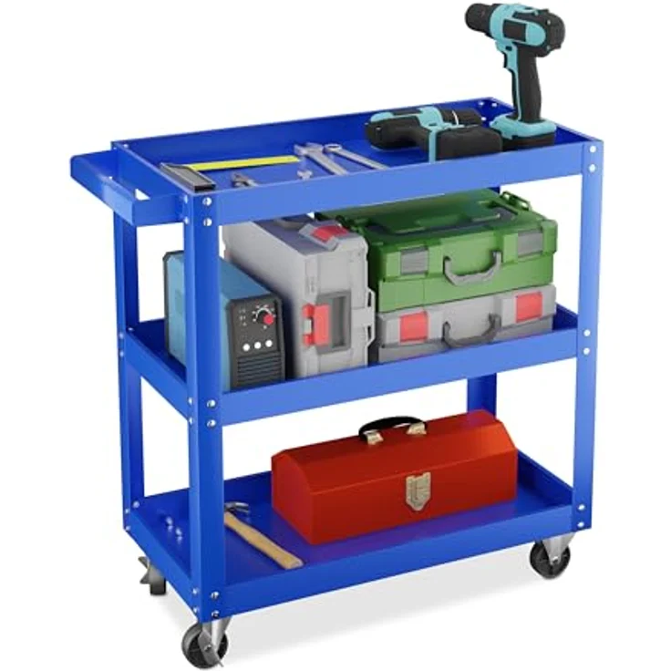 Relaxdays Werkstattwagen, mobiler Werkzeugwagen mit 3 Ablagen, bis 100 kg belastbar, HBT: 76x78x35 cm, blau – Bild 1