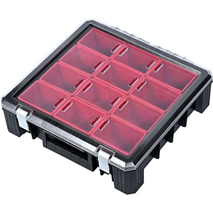 ADB Sortimentskasten Kleinteilemagazin HD 400, Sortierkasten Organizer in Schwarz mit roten Kunststoffboxen, 389x400x110 mm – Bild 3