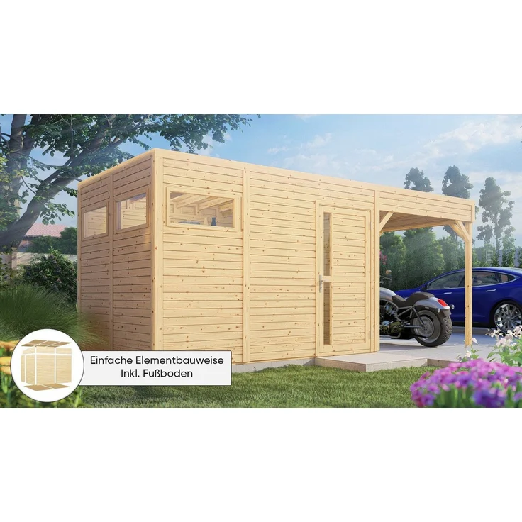 KONIFERA Gartenhaus Cubus 3 Lounge, BxT: 558x240 cm, mit Anbaudach, hohe Wände, Leimholztür mit Zylinderschloss, feuchtebeständige Bodenelemente