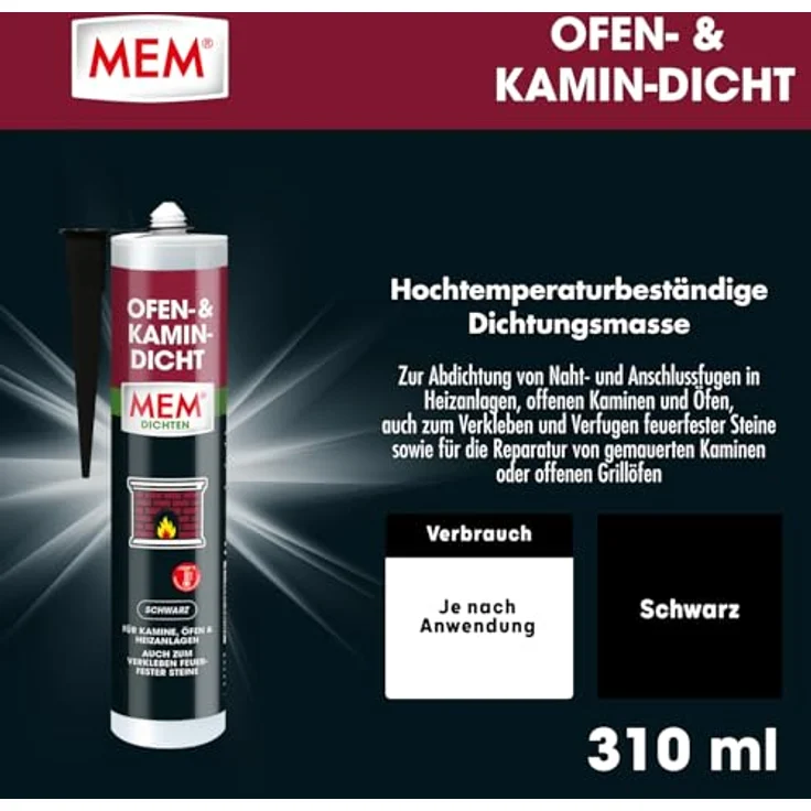 MEM Bauchemie Montagekleber MEM Kamin- und Ofendicht, hochtemperaturbeständige Dichtungsmasse für Heizanlagen, 300ml – Bild 3