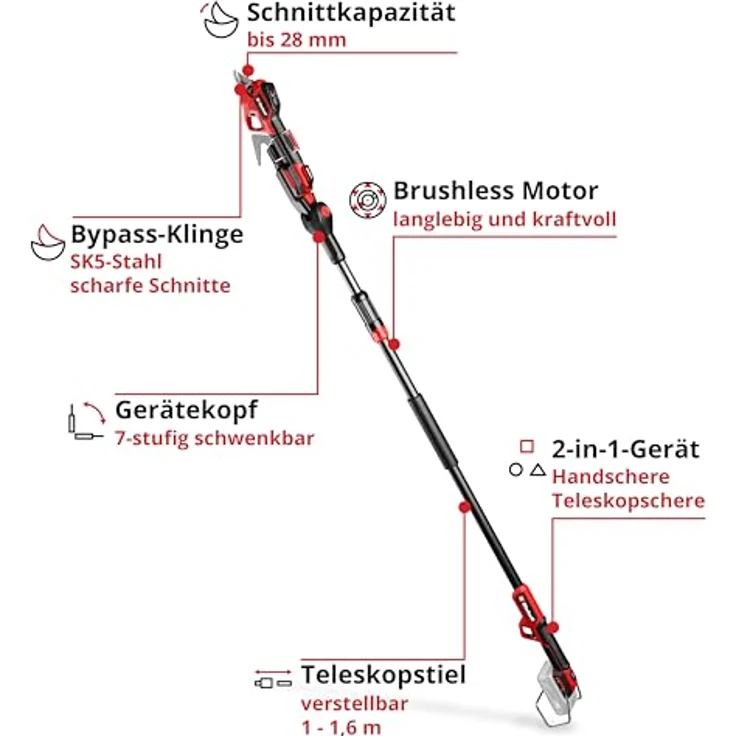 Einhell Akku-Astschere GP-LS 18/28 Li T BL-Solo, professionelle Teleskop-Astsäge, 28 mm Schnittleistung, ohne Akku, ohne Ladegerät – Bild 3