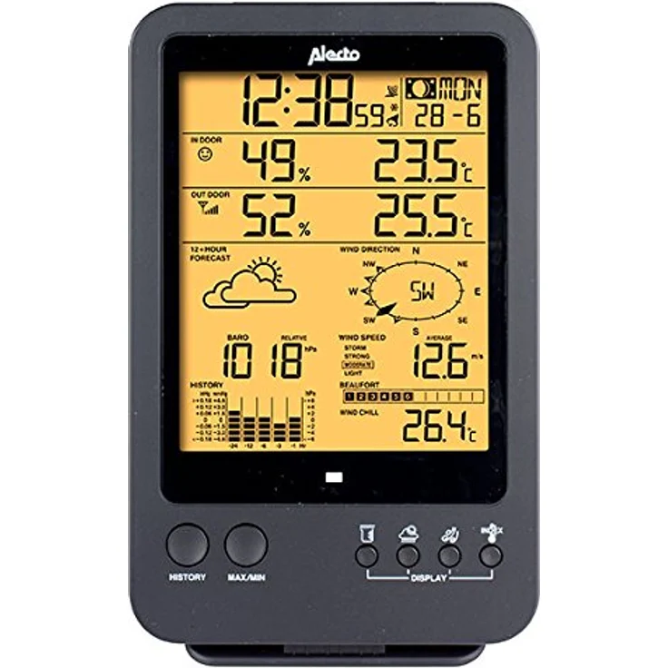 Alecto WS-4700 Wetterstation Funk mit Außensensor - Funkwetterstation - 5-in-1 - großes Display - speichert Messwerte - Funkuhr - Datumsanzeige - Mondphasen - schwarz, 13 x 5,4 x 27,8 cm – Bild 3