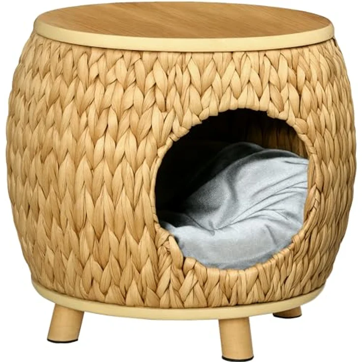 PawHut Tierhaus Katzenhöhle mit waschbarem Kissen, hellbraun/naturholz/grau, für drinnen und draußen, bis 80 kg belastbar – Bild 1
