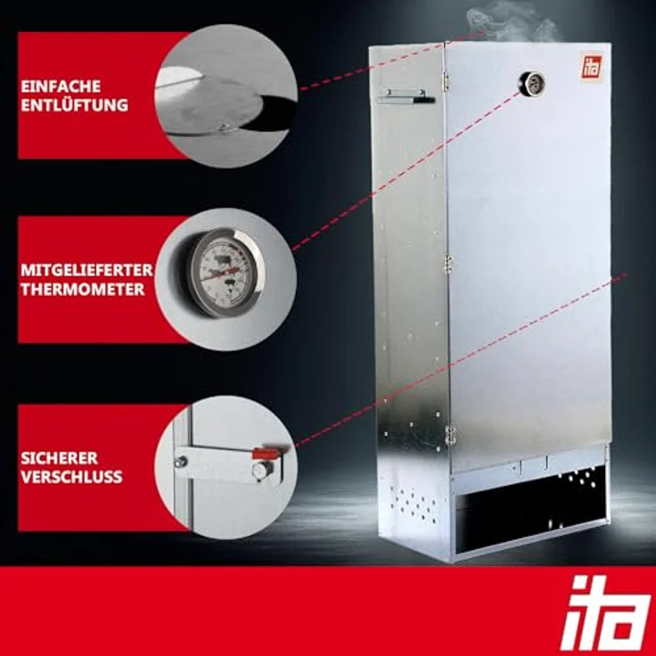 ITA Räucherofen 7004, XL Smoker Set aus Edelstahl mit Rauchgenerator und Thermometer, 111 cm hoch, 4 Etagen, EU Qualität – Bild 3