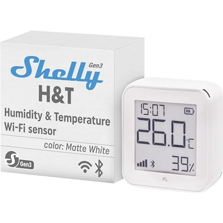 Shelly H&T Gen 3, WLAN Thermometer + Hygrometer mit 8 MB Speicher, Matte White
