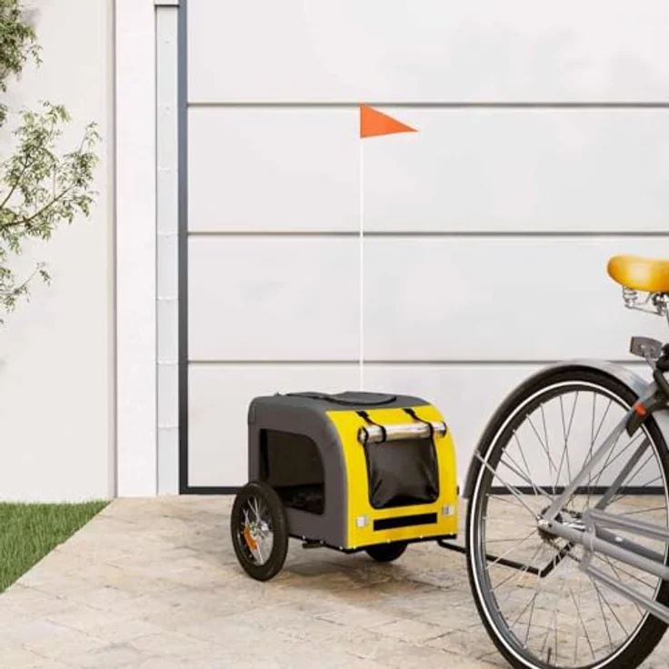 vidaXL Hunde-Transportbox Fahrradanhänger, Gelb und Grau, Oxford-Gewebe und Eisen, max. 30 kg Belastbarkeit, mit Reißverschlusstüren und Netzfenstern – Bild 2