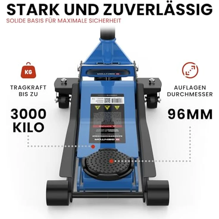 GENTOR Wagenheber 3T Ultra Flach, hydraulischer Rangierwagenheber für PKW & SUV, hellblau, 75 mm Unterfahrhöhe, 505 mm Hubhöhe, Doppelzylinder-Quicklift – Bild 8