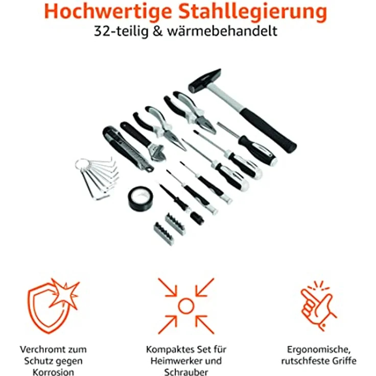 Amazon Basics - Werkzeug-Set für den Haushalt, Stahllegierung, 32 Teile – Bild 4
