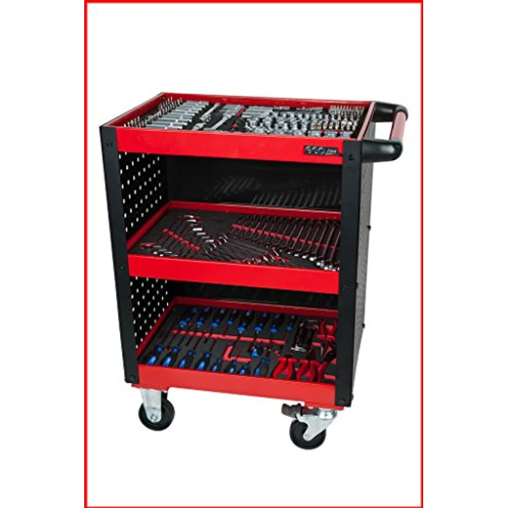 KSTOOLS ECOline Werkstatt-Servicewagen, rot, aus Stahlblech mit 3 Etagen und seitlicher Lochplattenverkleidung, Gesamttragkraft 150 kg – Bild 6