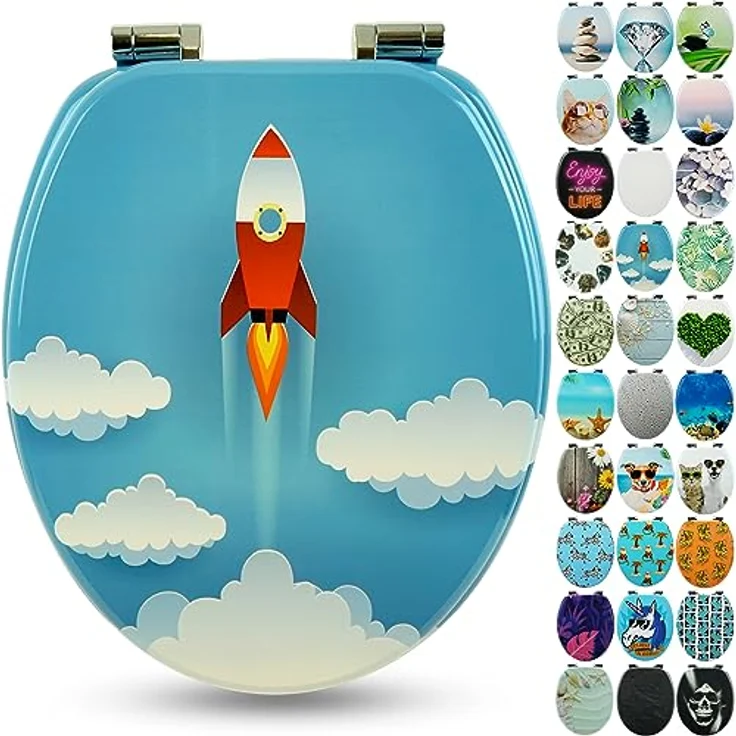 Sanfino WC Sitz Rocket, Toilettendeckel aus Holz mit Absenkautomatik und blauem Raketen-Motiv, 43,5 x 37,5 cm – Bild 1