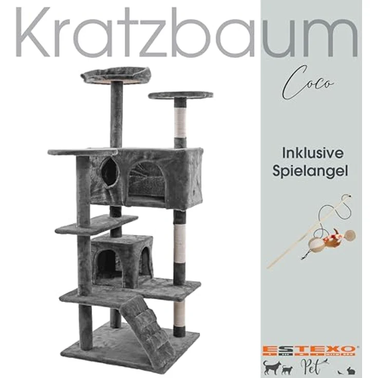 ESTEXO XL Kratzbaum Katzenbaum 130 cm Katzenkratzbaum Coco Kletterbaum Katzen Spielbaum Hellgrau, 3 Liegeflächen, 2 Höhlen, inkl. Spielzeug – Bild 3
