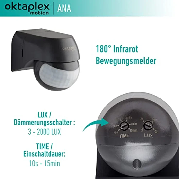Oktaplex Ana Bewegungsmelder Aussen schwenkbar 230V IP44 180° Bewegungssensor 12m Reichweite anthrazit Aufputz Infrarot-Sensor – Bild 3