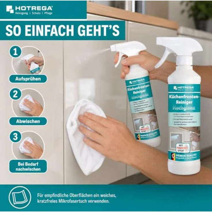 HOTREGA® Küchenfronten Reiniger, Hochglanz-Oberflächen 500ml mit Anti-Fingerprint Effekt inkl. Microfasertuch – Bild 6