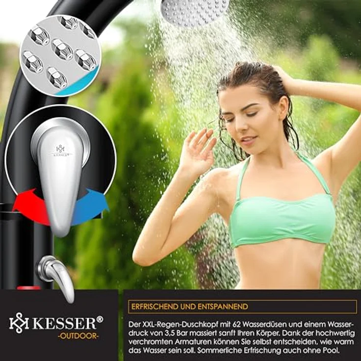 KESSER Solar Gartendusche Solardusche Bogen Inkl. Schutzhaube warmes Wasser 20 Liter max. 60°C ohne Stromanschluss Pooldusche Camping Regenduschkopf und Wasserhahn Gartenschlauch-Anschluss Schwarz - 35 Liter - Preisvergleich – Bild 5