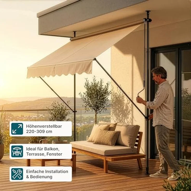 Klemmmarkise 400x120x200-300cm Markise Balkonmarkise -ohne Bohren- Protec – Bild 4