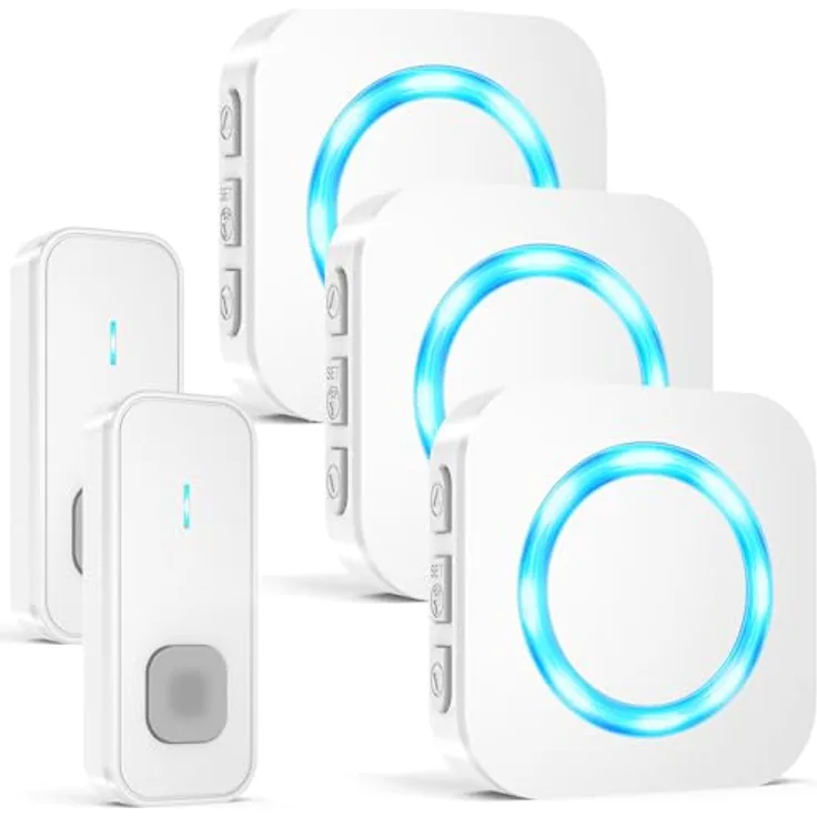 AIMAX Funkklingel Set, 2 Sender und 3 Empfänger, 400m Reichweite, IP55 wasserdicht, 55 Klingeltöne, 5 Lautstärkestufen mit LED-Blitz, kabellose Installation