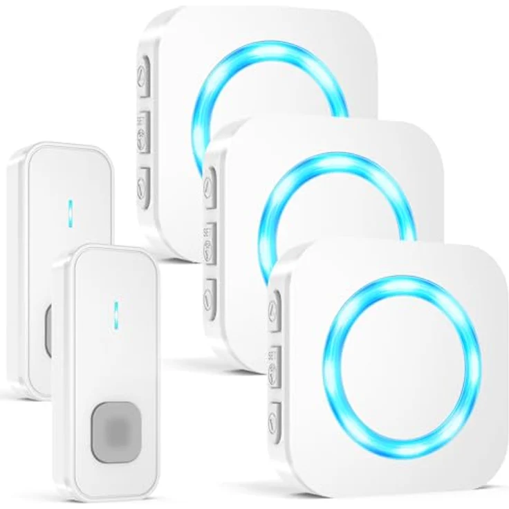 AIMAX Funkklingel Set, 2 Sender und 3 Empfänger, 400m Reichweite, IP55 wasserdicht, 55 Klingeltöne, 5 Lautstärkestufen mit LED-Blitz, kabellose Installation – Bild 1